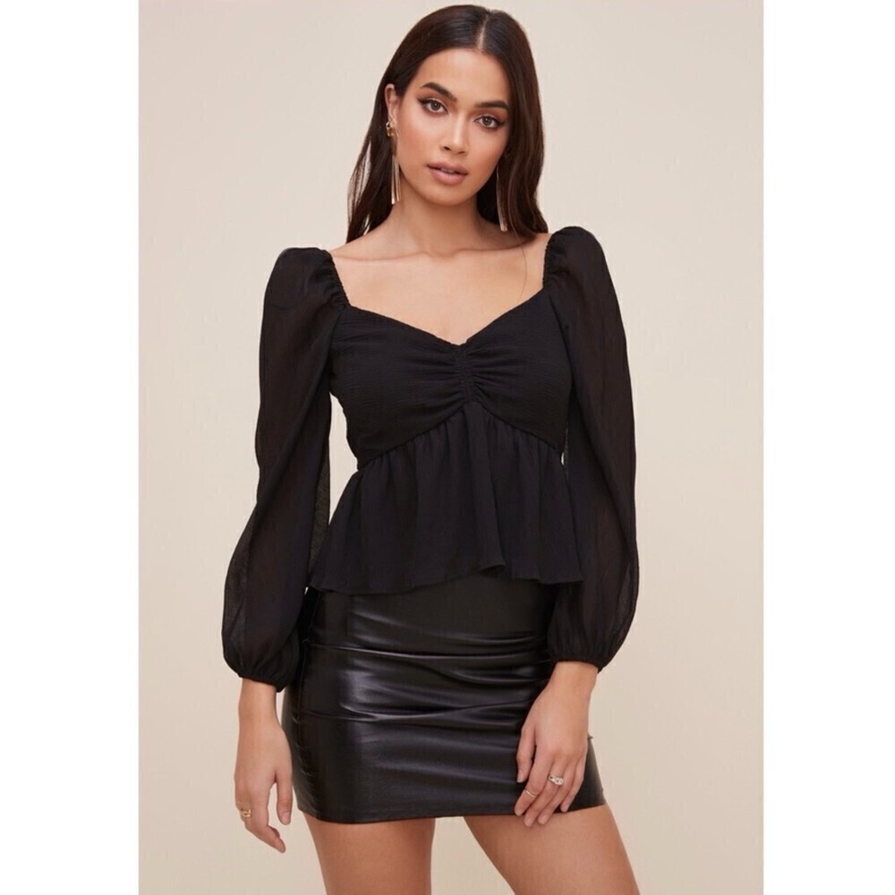 NEW Astr the Label Sheer Balloon Sleeve Sweetheart Peplum Top Clean Girl Black